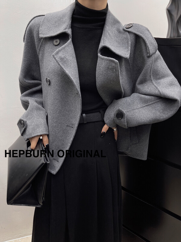 [HEPBURN Hepburn] Big-name simple and versatile raglan sleeves double-sided woolen jacket wool coat is thin and loose HMF071
