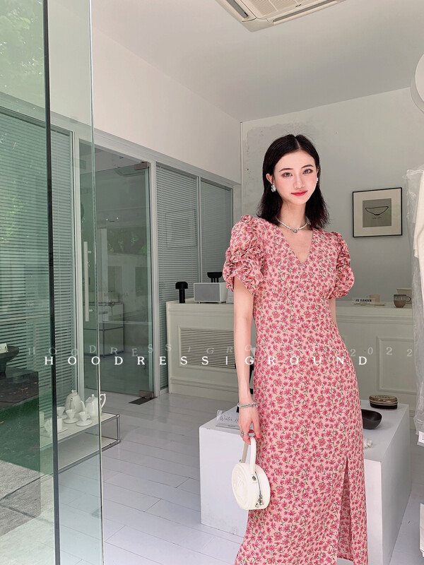 【Fire HOODRESS】Heavy industry petal sleeve temperament split floral dress 22271# JHY