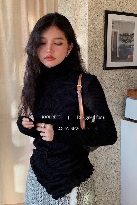 【Fire HOODRESS】Customized Silver Line Irregular Fungus Edge Turtleneck Bottoming Shirt 22500# JHY