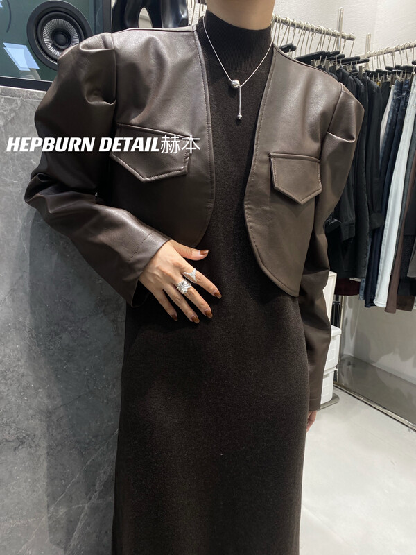 【HEPBURN Hepburn】Puff Sleeve Short Leather Jacket 2971