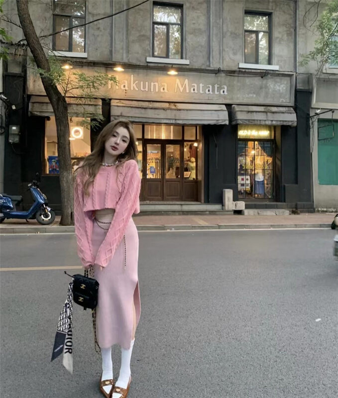 【MS STUDIO】High waist contrast color stitching knitted skirt (with chain) 94711# PCZ