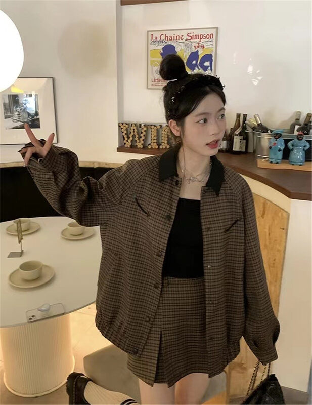 New autumn and winter! [MS STUDIO] Casual plaid loose short coat + high waist short skirt suit 88294# PCZ