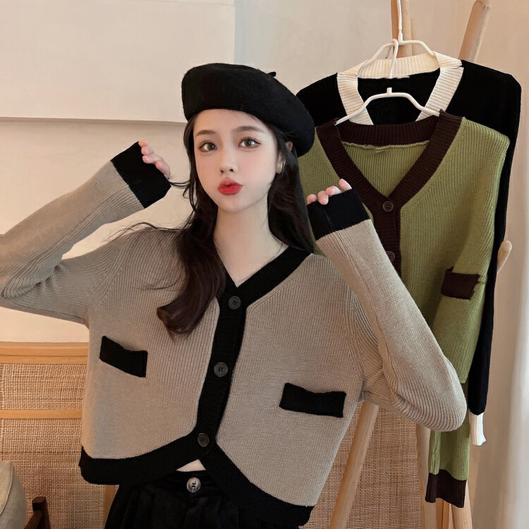 【F·P】Xiaoxiangfeng V-neck contrast color long-sleeved knitted cardigan 96129# HBX