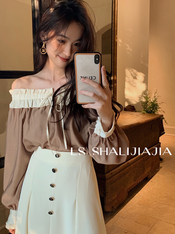 [LS] Ladies one-shoulder color matching shirt 2766