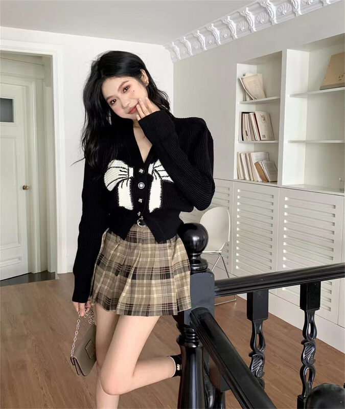 【MS STUDIO】V Neck Bow Print Thermal Sweater 98771# PCZ