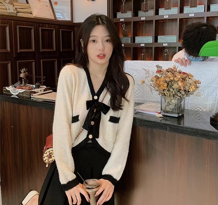 【MS STUDIO】Casual color contrast round neck knitted cardigan (with bow) 93044# PCZ