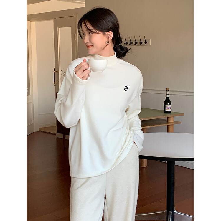 【THE MIND】Korean half turtleneck embroidered warm fleece bottoming shirt 61185# JHY