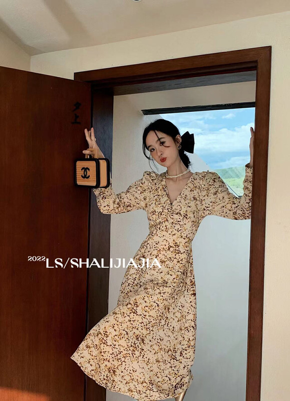 【LS】French high-end v-neck floral dress 2790# JHY