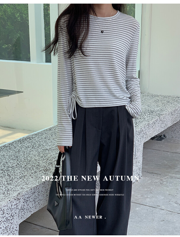 Original price 54.14! [THE MIND] Round neck striped side drawstring long sleeve T-shirt YS1-61015# JHY