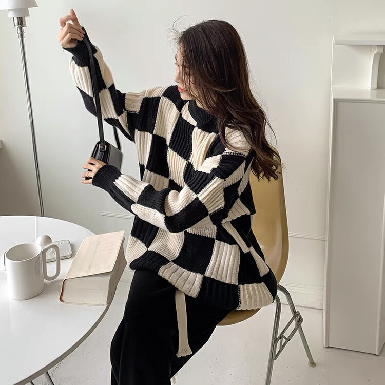 New in autumn! [Blue Show] Korean version of the plaid loose knitted sweater 7770# LSW