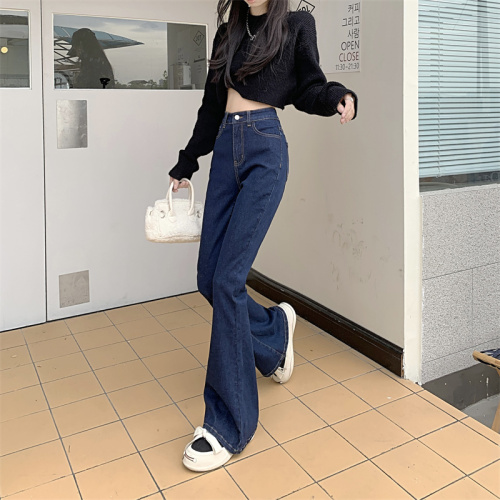 Real shot new high-waisted slim women's flared pants jeans autumn small black straight-leg trousers