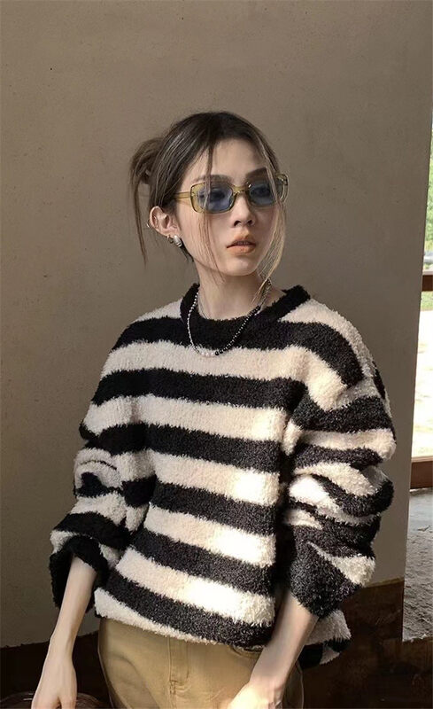 New in autumn! [MS STUDIO] Soft Waxy Round Neck Striped Comfortable Warm Sweater 88184# PCZ