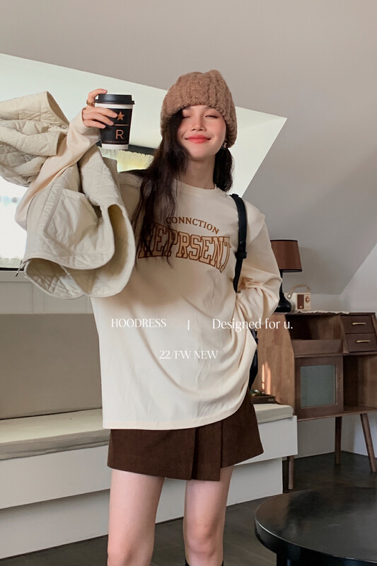 [Fire HOODRESS] Korean letter flocking hot map round neck brushed loose long-sleeved T-shirt 22462# JHY