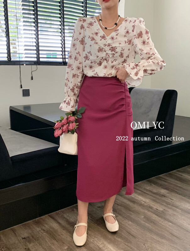 【O MI】All-match high waist slim skirt (hand pleated design) 55703# FHX