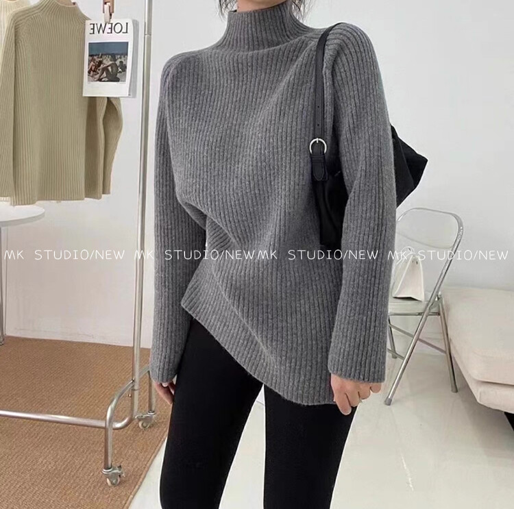 【MK】Solid color simple and versatile stand-up collar pit strip warm sweater d186# HJY