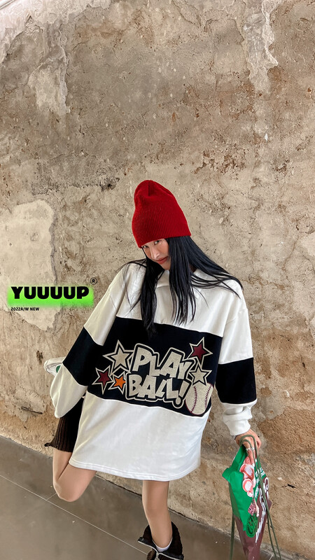 [FISH YU] American retro alphabet star color drawing print contrast color stitching plus velvet sweater sweater 622678