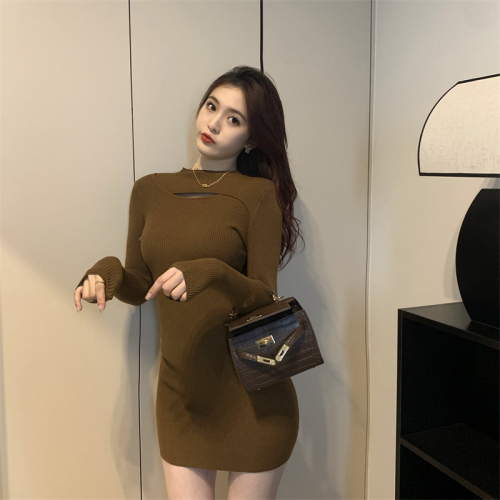 Real shot real price Retro western style design autumn and winter light and familiar style hollowed-out slim fit and thin temperament dress
