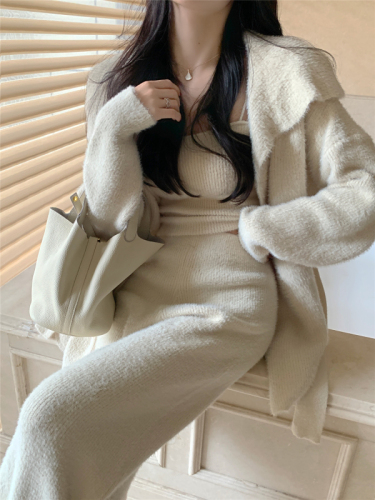 Real shot real price pure desire high-end mink hair three-piece set small sling knitted cardigan high waist trousers suit