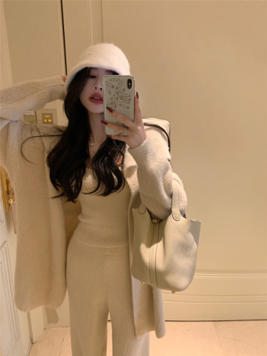 Real shot real price pure desire high-end mink hair three-piece set small sling knitted cardigan high waist trousers suit
