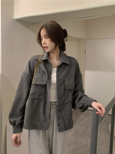 Real shooting real price Korean retro wild short corduroy shirt women's single-breasted lapel loose long-sleeved jacket