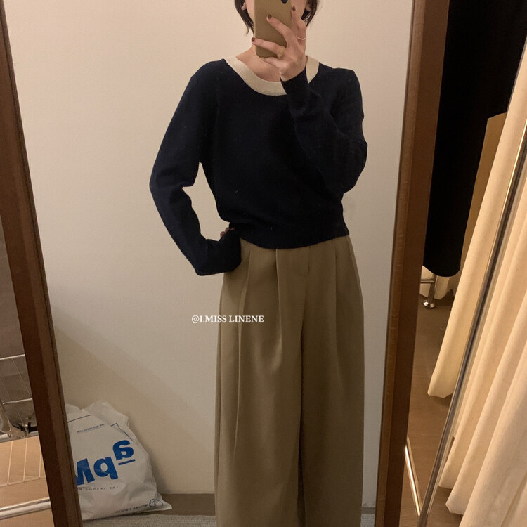 【IMISS】French Contrast Round Neck Knit Sweater QK0329