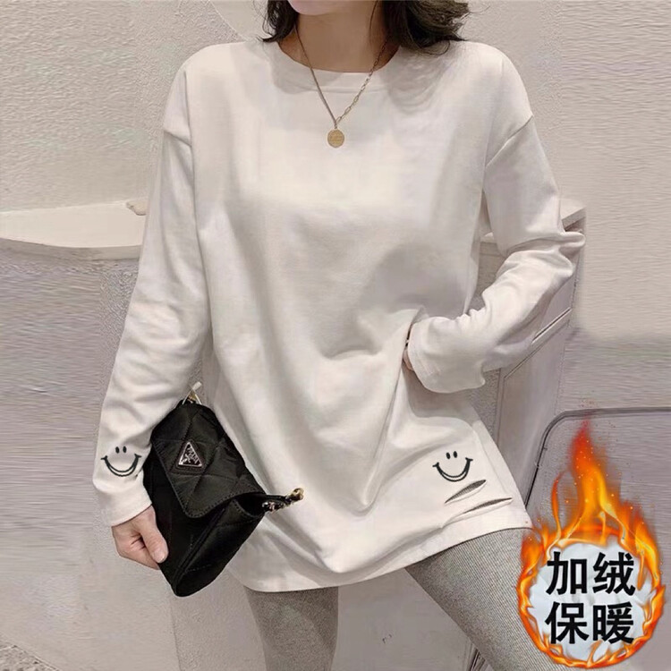 【TA+】Korean smiley embroidery plus velvet long-sleeved T-shirt A8812# L