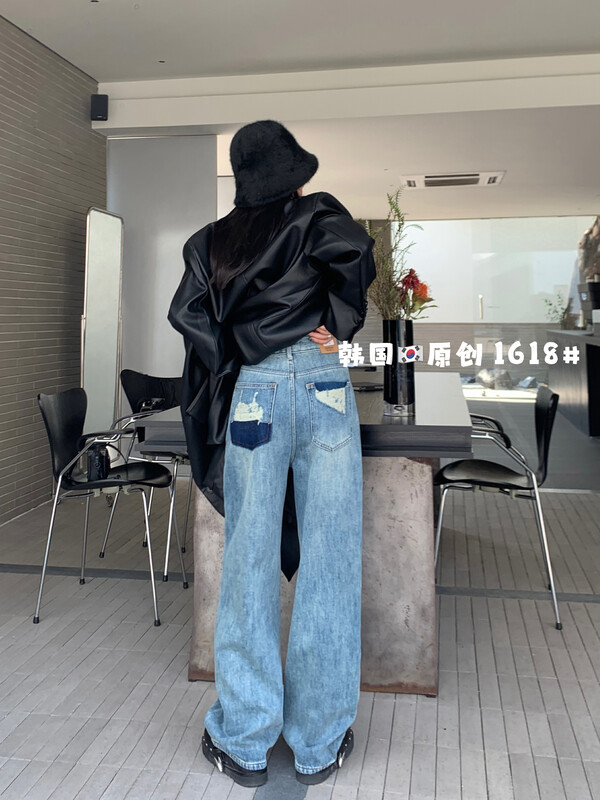 [Korean original] Winter pocket shadow embroidery cut wide-leg pants jeans 1618-2F