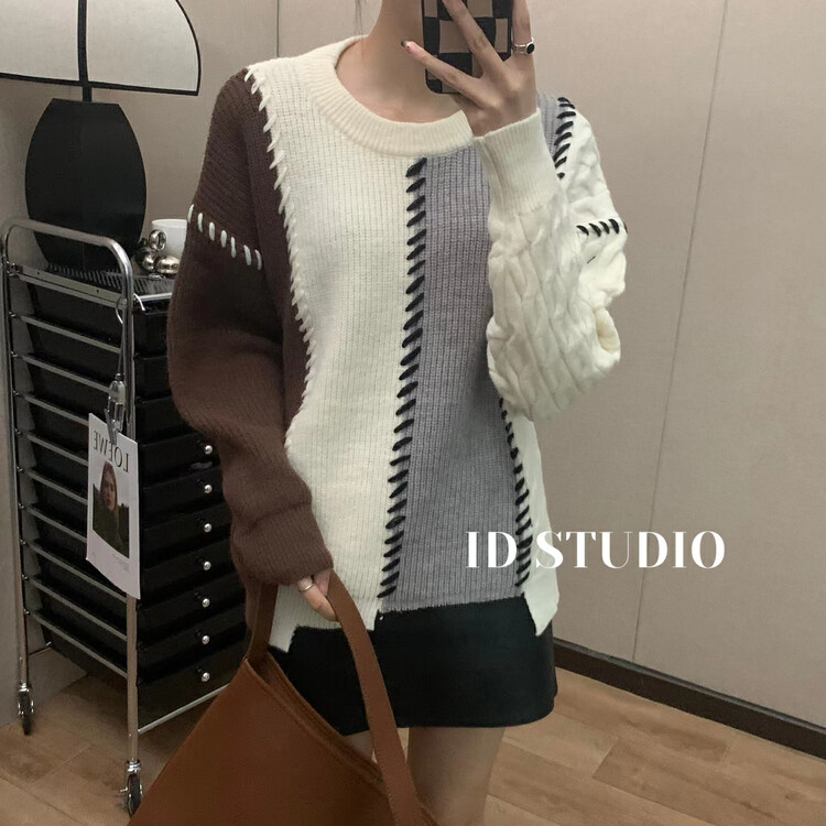 Original price 69.93! New in winter! [I-D] Korean loose colorblock warm sweater Y3197# L