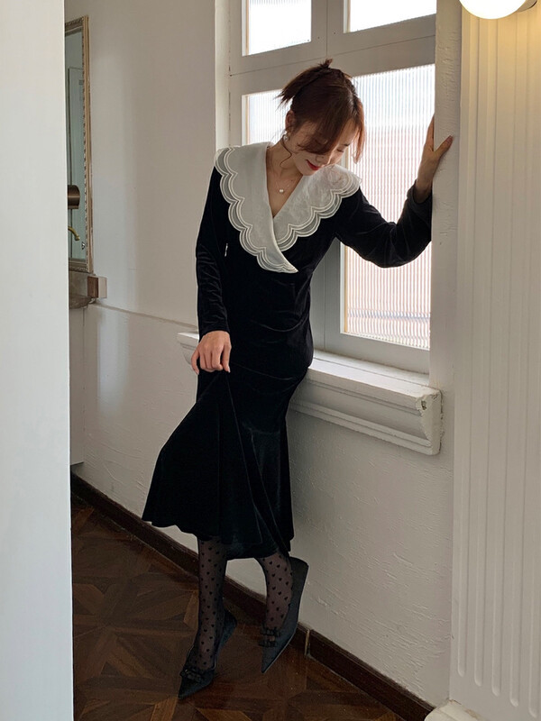 New in winter!【NEW OPEN】French temperament high lapel velvet dress JL80575# ZXX
