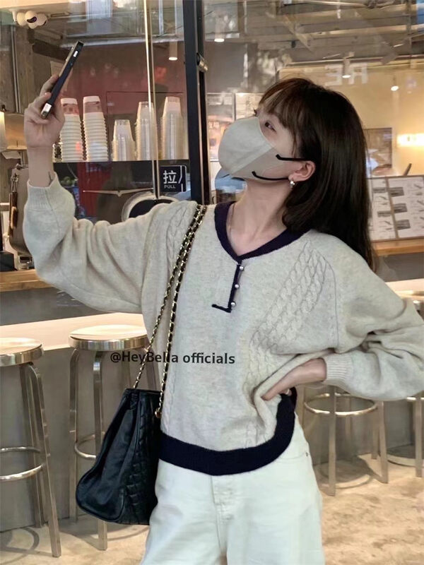 【HEY BELLA】Contrast color round neck pullover loose warm sweater B9709# L