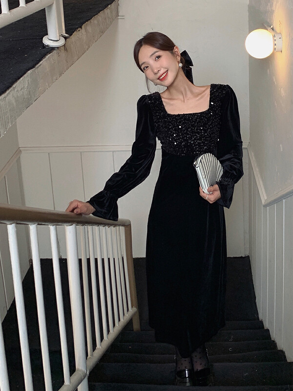 New in winter!【NEW OPEN】French temperament waist velvet sequin dress XL80553# ZXX