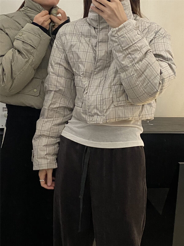 Buyer recommended!  ~【CLEAN SPACE】Contrast Color Plaid Bread Short Warm Down Jacket (90 White Duck Down) 35008# CQW
