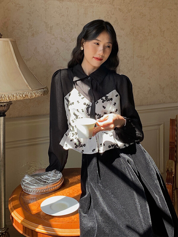 New in autumn!【NEW OPEN】French fake two-piece contrast color stitching long-sleeved shirt XY80279# ZXX
