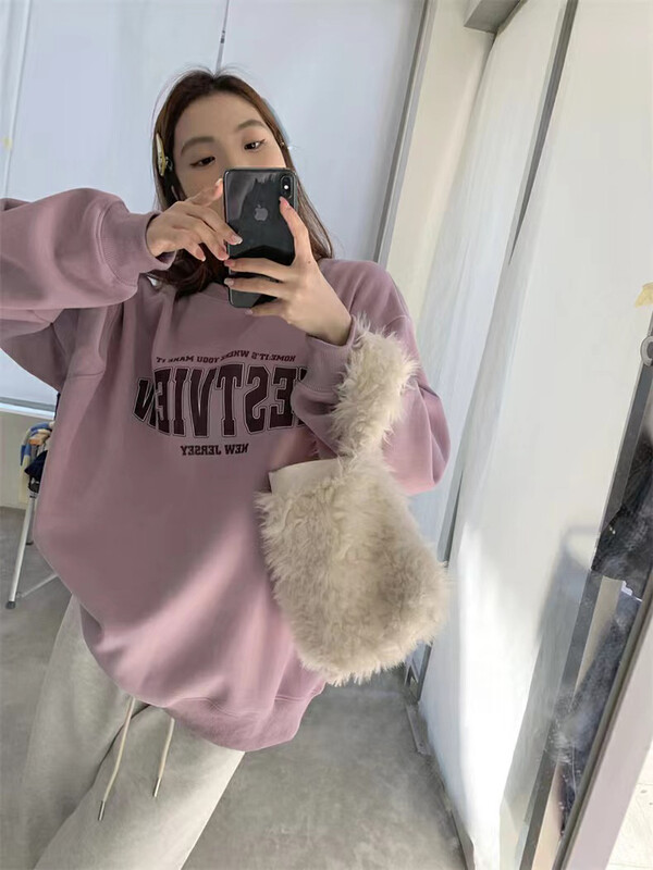 【RICH PAPA】Korean alphabet print fleece loose sweater 23A165# ZXX