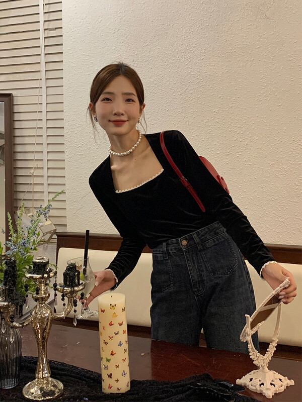 New in winter!【NEW OPEN】Korean black velvet square collar slim shirt JY80619# ZXX