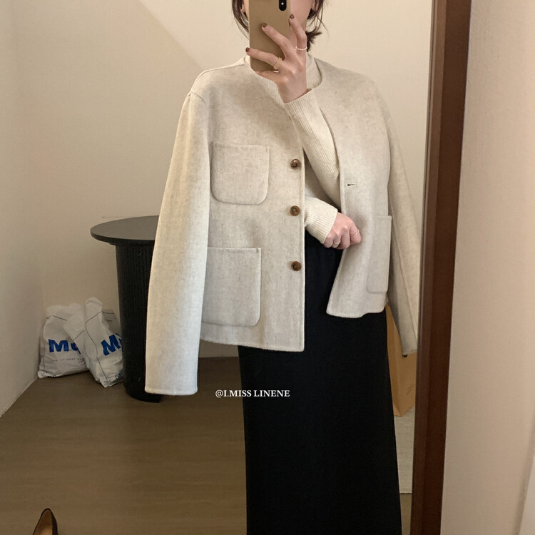 [IMISS] Korean version of the round neck double-sided cashmere coat coat wool coat containing 90 wool QK803