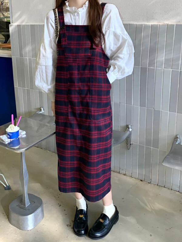 New in winter! [JUN.T] Retro contrast color plaid strap dress + stand-up collar solid color shirt suit 7008# PCZ