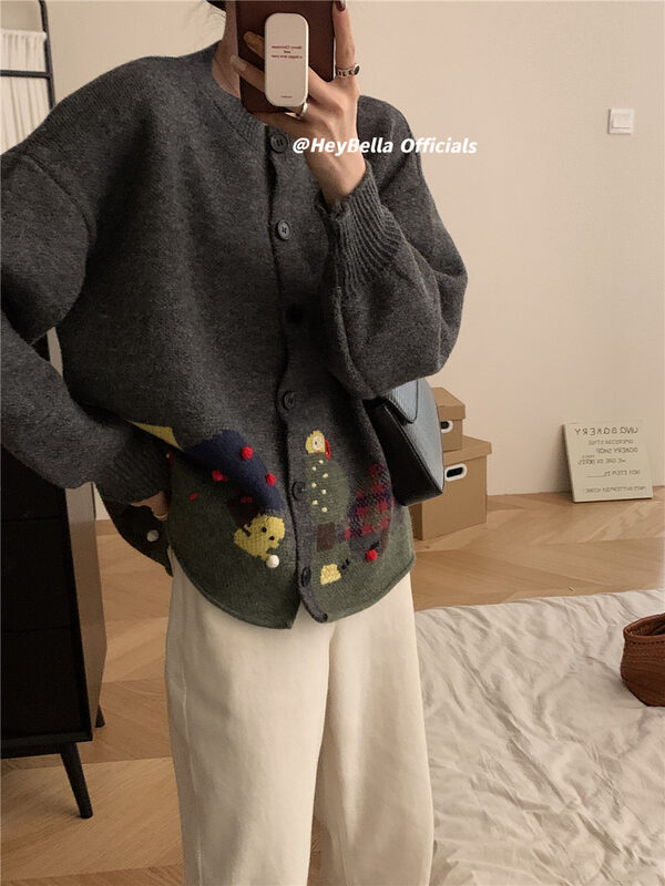 【HEY BELLA】Single-breasted color-block comfortable and versatile warm sweater B9697# L