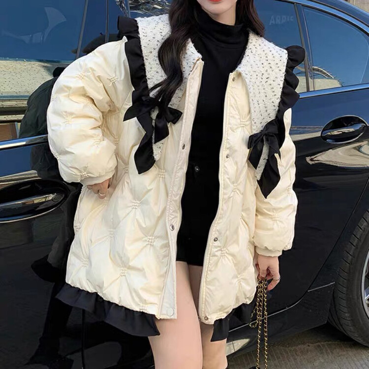 【JUN.T】 Bow navy collar ruffle warm cotton jacket (with bow) 6940# PCZ