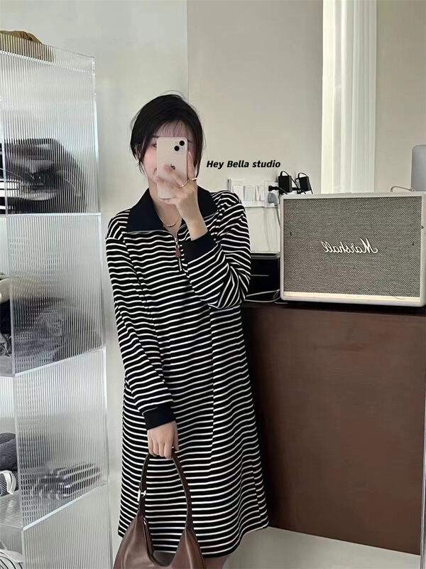 Original price 73.32! New in autumn! [HEY BELLA] Striped pullover comfortable all-match dress B1891# L