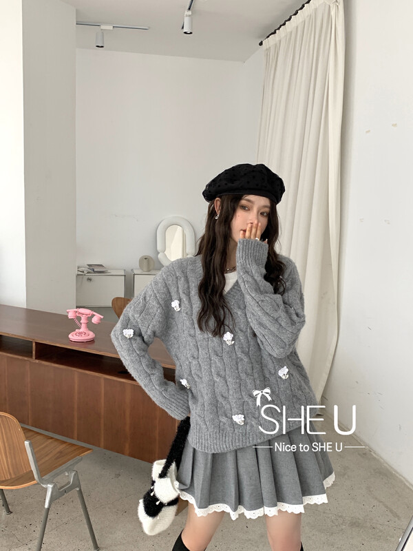 【SHE U】Korean multicolor flower v-neck pullover sweater 51250