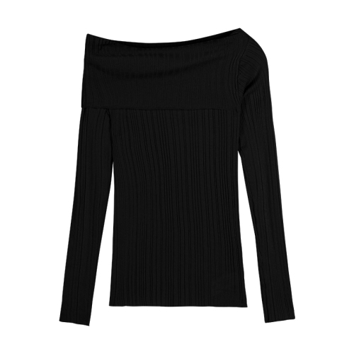 Hot girl one-shoulder long-sleeved knitted bottoming shirt women's autumn black sexy irregular slim slim short top