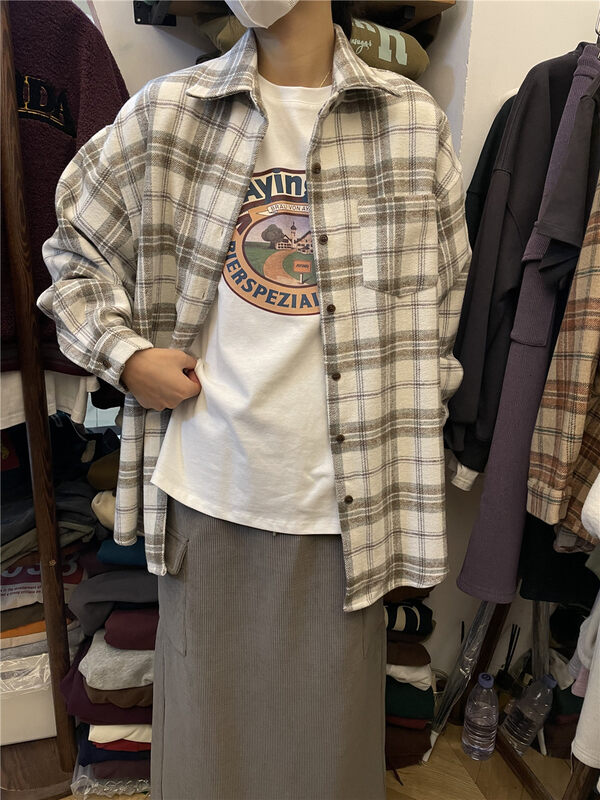 【RICH PAPA】Korean all-match plaid long-sleeved shirt C065# ZXX