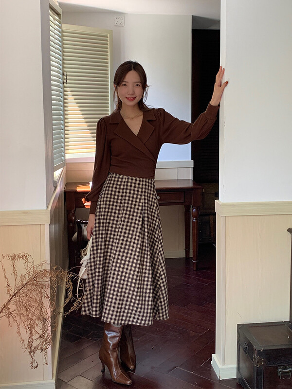 【NEW OPEN】Korean Style High Waist Long A-Line Plaid Skirt FQ80668# ZXX