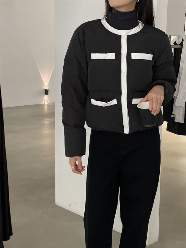 【CLEAN SPACE】Korean version of fashion contrast color small fragrance round neck warm down jacket jacket (90 white duck down) 32559# CQW