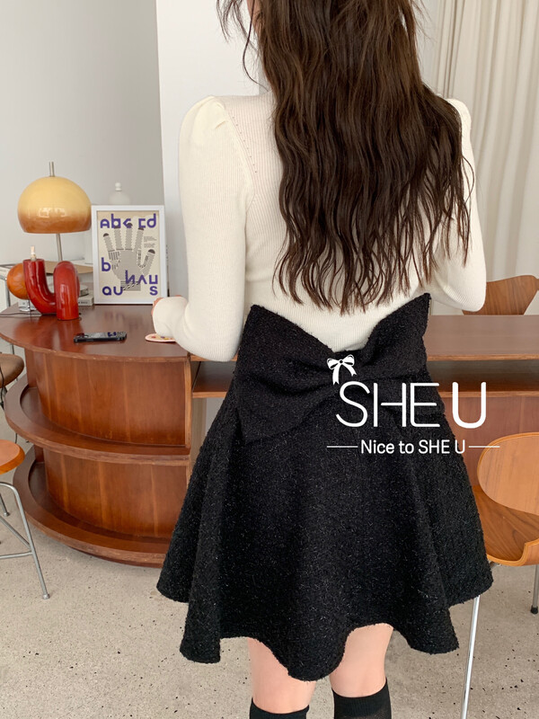 【SHE U】Little Fragrant Style Bow Short Skirt (with Bow (Removable)) 51233# JHY