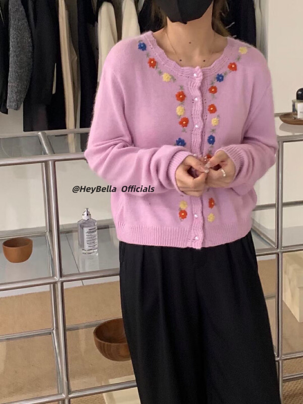 New in autumn! [HEY BELLA] Heavy Industry Embroidered Flower Knit Cardigan 9259# L
