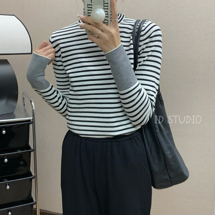 【I-D】Korean Style Versatile Sleeve Contrast Color Striped Knit Sweater 3296# L