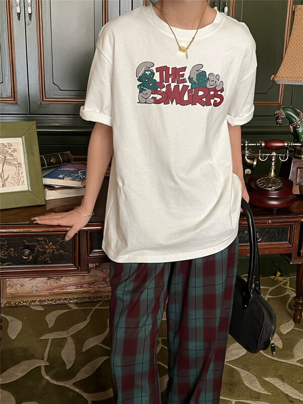 【RICH PAPA】Korean cartoon Smurfs print round neck short-sleeved T-shirt 23T427# ZXX