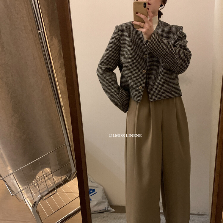 [IMISS] Retro niche v-neck houndstooth coat short coat QK7163